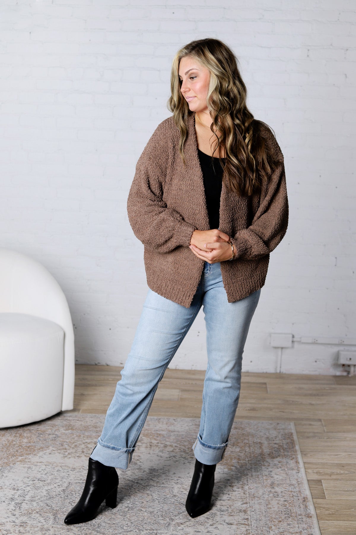 Lia Textured Popcorn Knit Open-Front Cardigan