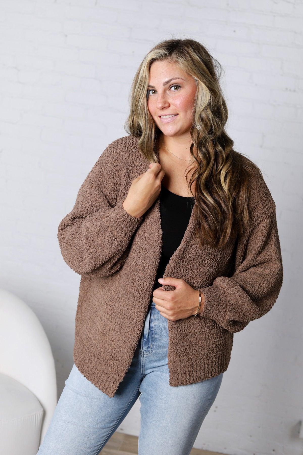 Lia Textured Popcorn Knit Open-Front Cardigan