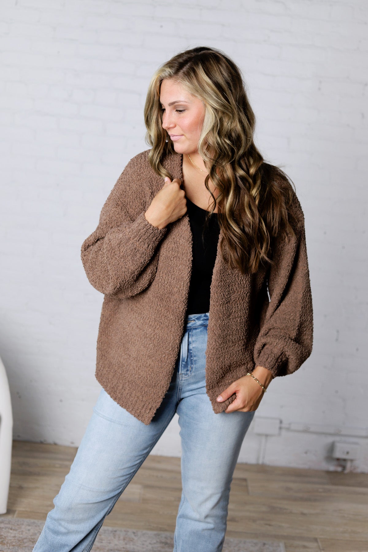 Lia Textured Popcorn Knit Open-Front Cardigan