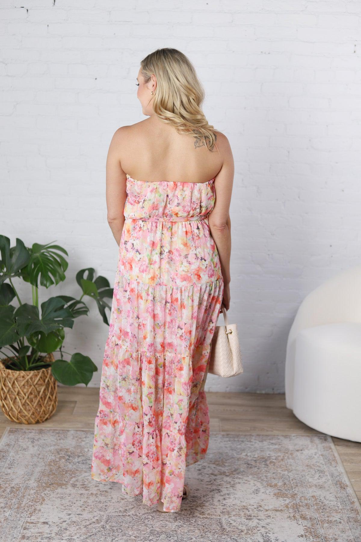 Lillian Watercolor Floral Maxi Dress - Coral/Pink