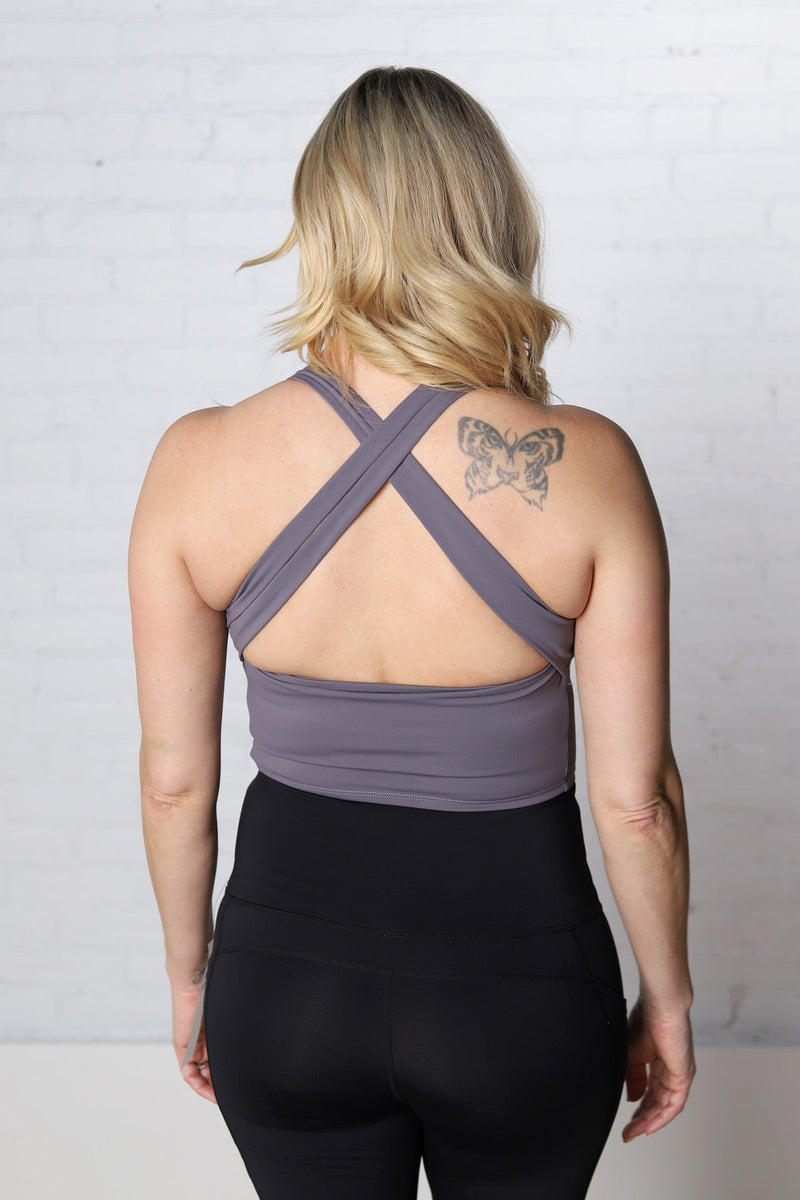 Linnea Strap Back Cropped Top with Built In Sports Bra - Grey – Gallery 512  Boutique