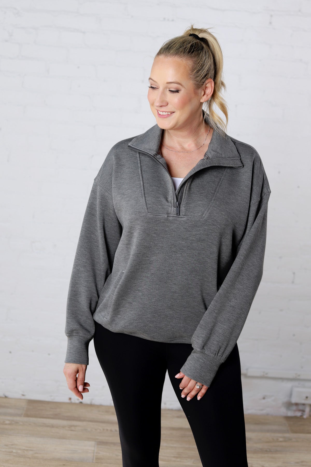 Linsy Modal Poly Quarter Zip - H Charcoal FINAL SALE