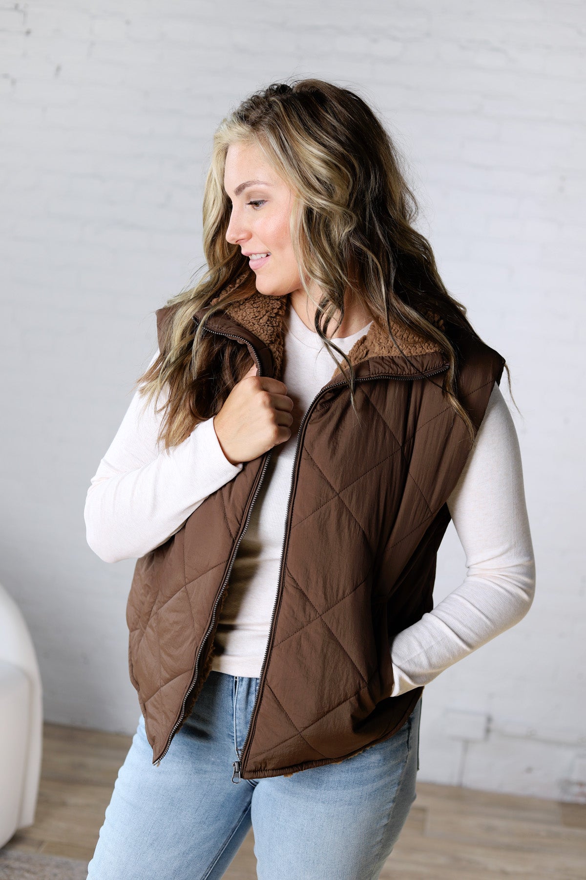 Liora Quilted Fleece Lined Puffer Vest - Dk. Brown