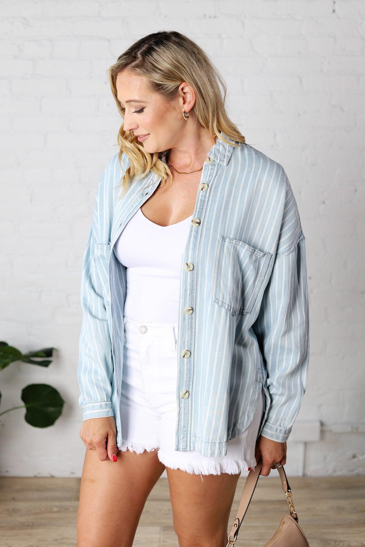 Liora Striped Button Down Top - Chambray