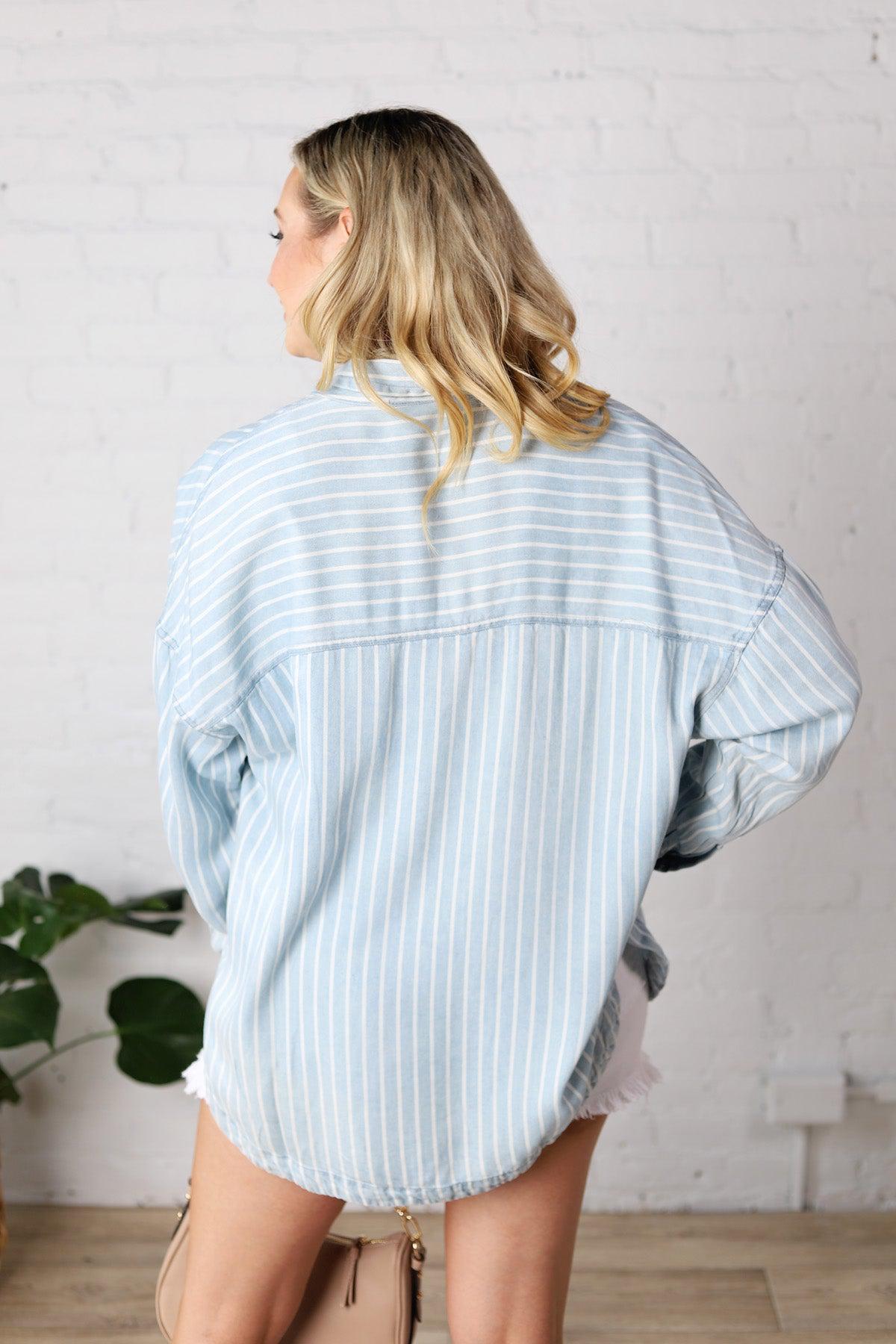 Liora Striped Button Down Top - Chambray