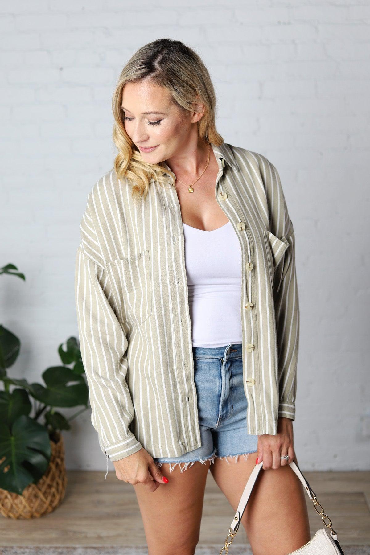 Liora Striped Button Down Top - Olive