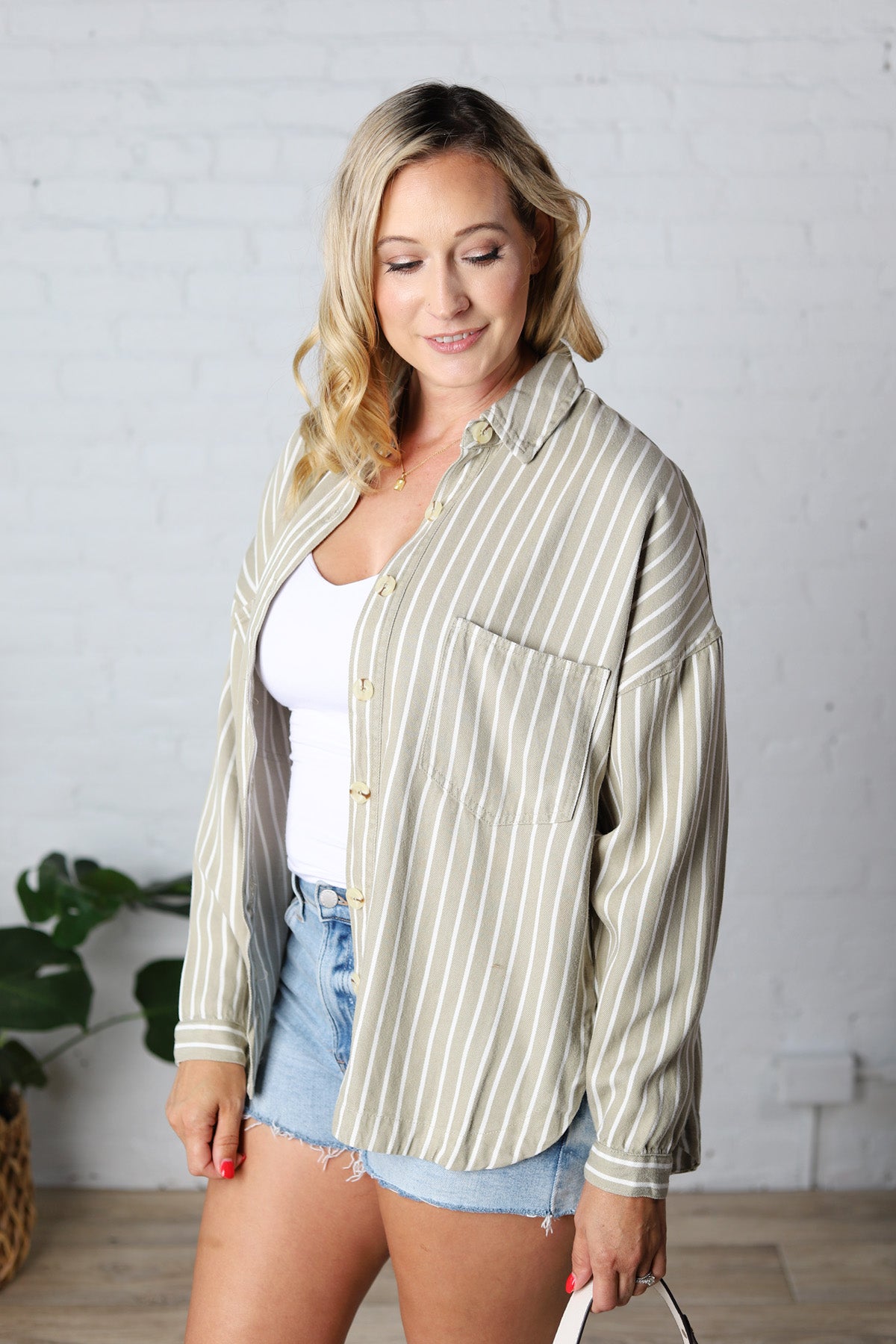 Liora Striped Button Down Top - Olive