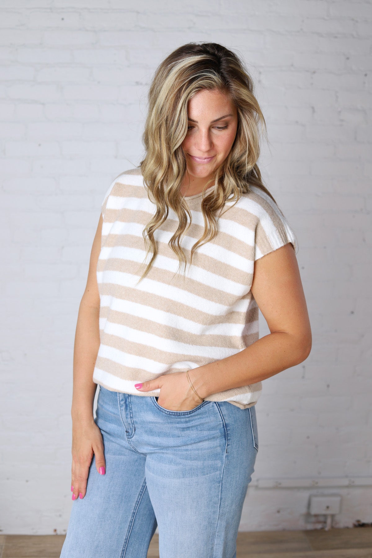 Lirra Striped Sweater Top - Taupe/White