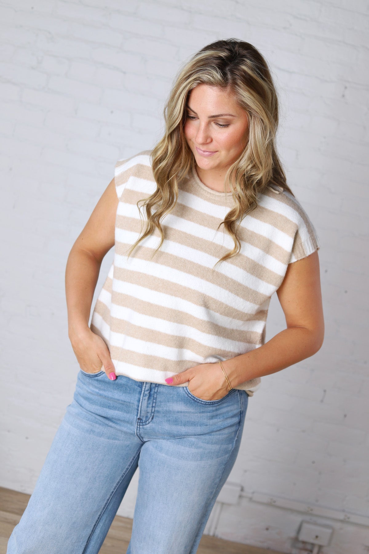 Lirra Striped Sweater Top - Taupe/White