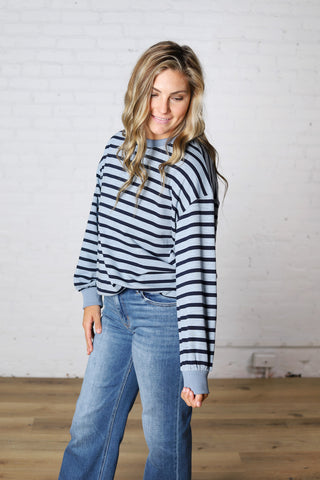 Lise Striped French Terry Pullover - Blue