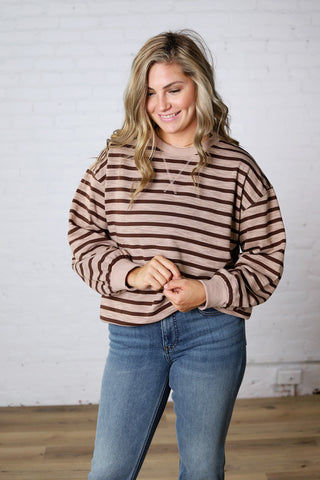 Lise Striped French Terry Pullover - Taupe