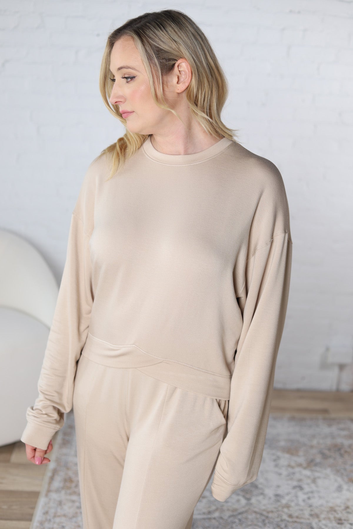 Livie Crewneck Top with Oversized Sleeves - Natural