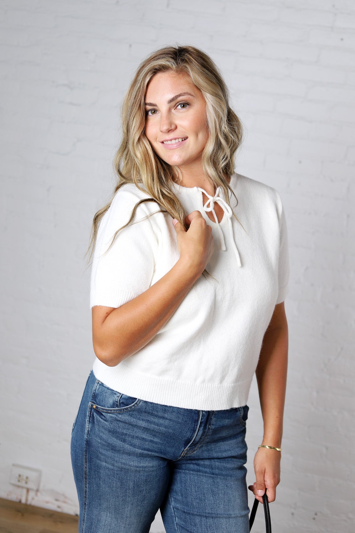 Livvy Soft Knit Tie Neck Sweater Top - Off White