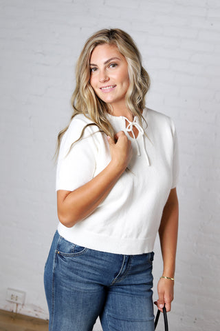 Livvy Soft Knit Tie Neck Sweater Top - Off White