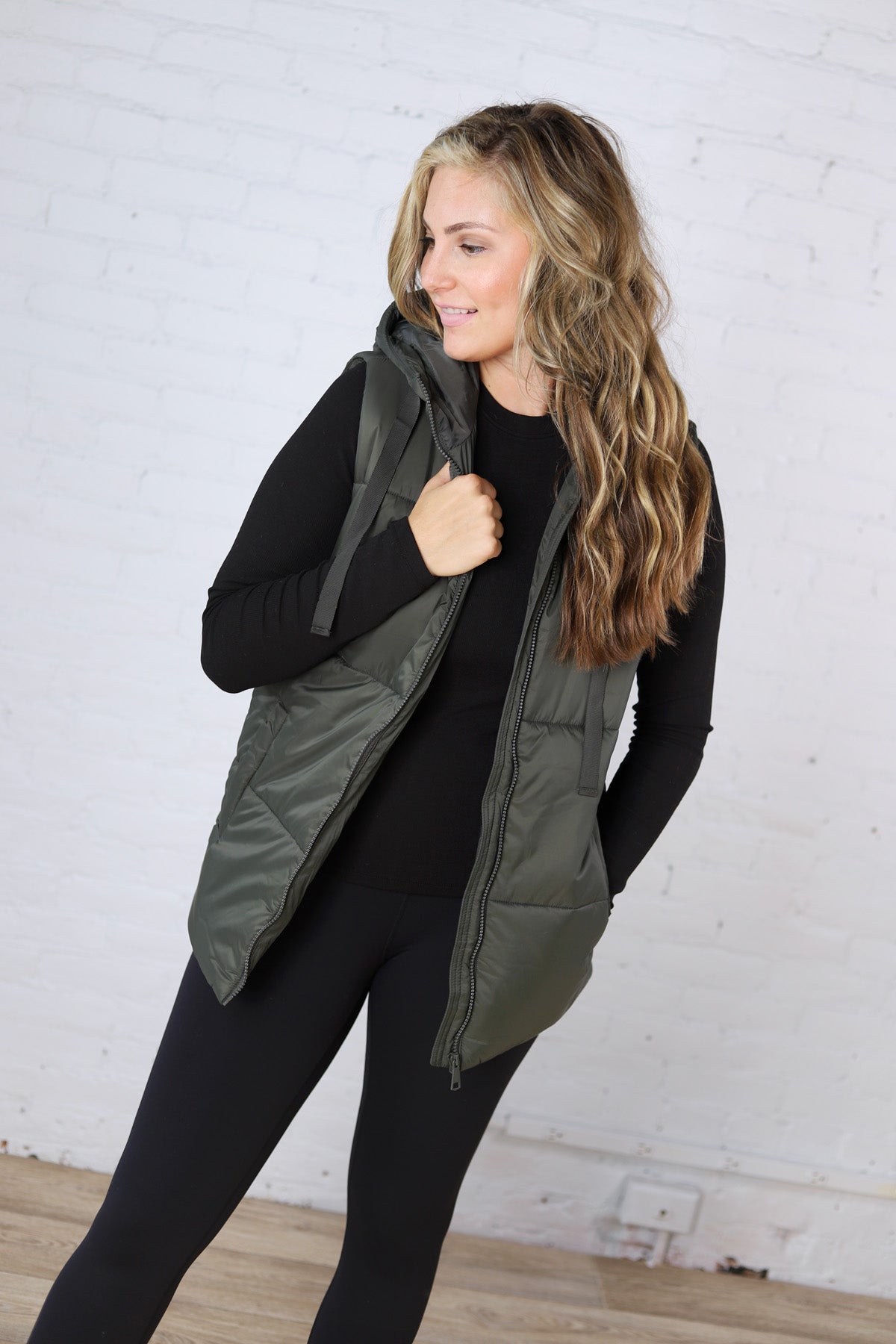 Longline High Neck Padded Vest - Olive