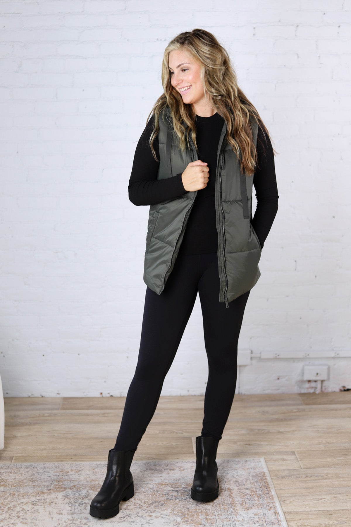 Longline High Neck Padded Vest - Olive