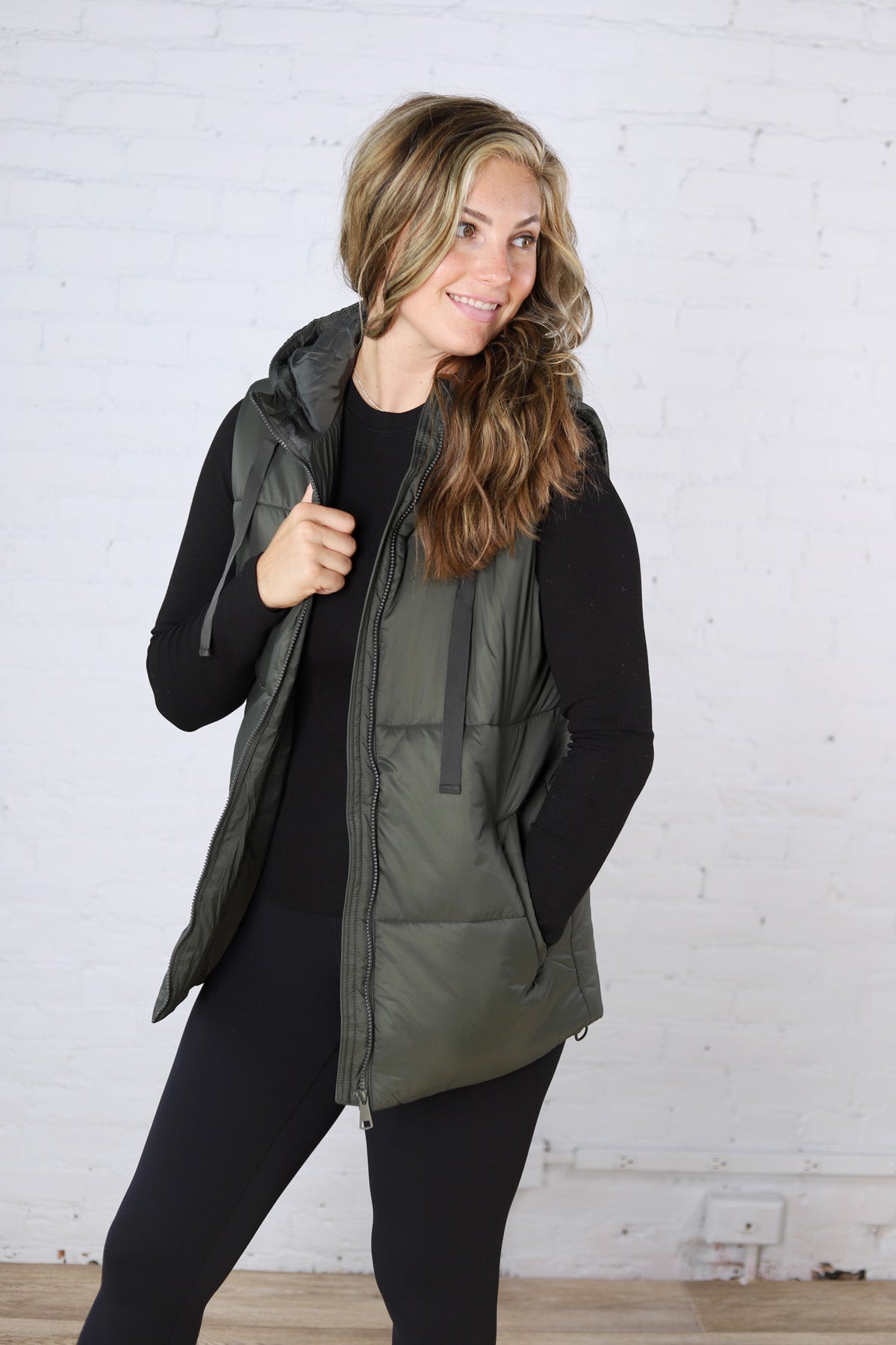 Longline High Neck Padded Vest - Olive