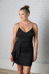 Lorena Drape Side Ruffled Wrap Cami Dress - Black - Final Sale