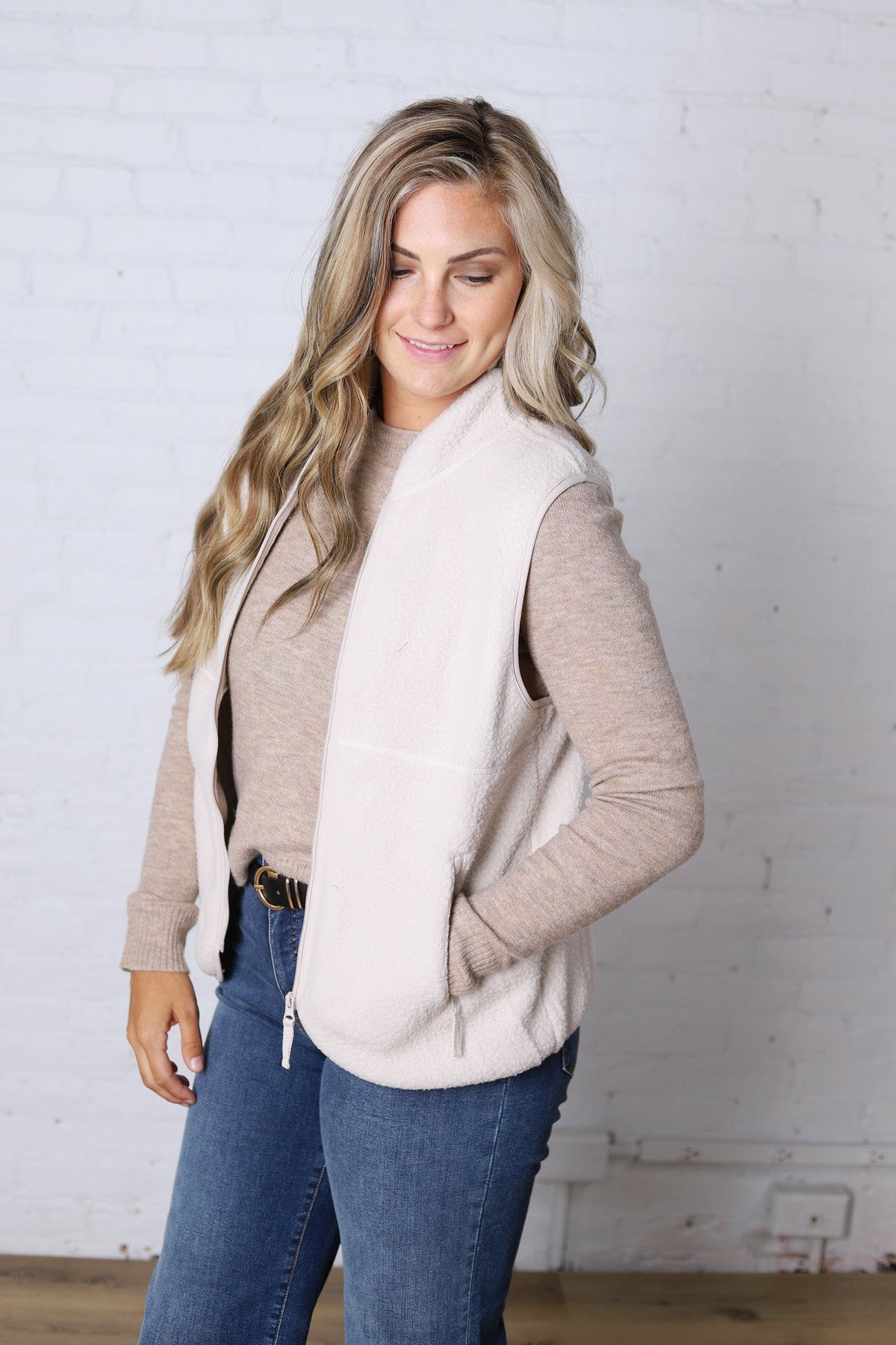 Louisa Sherpa Fleece Zipper Mock Neck Vest - Ecru