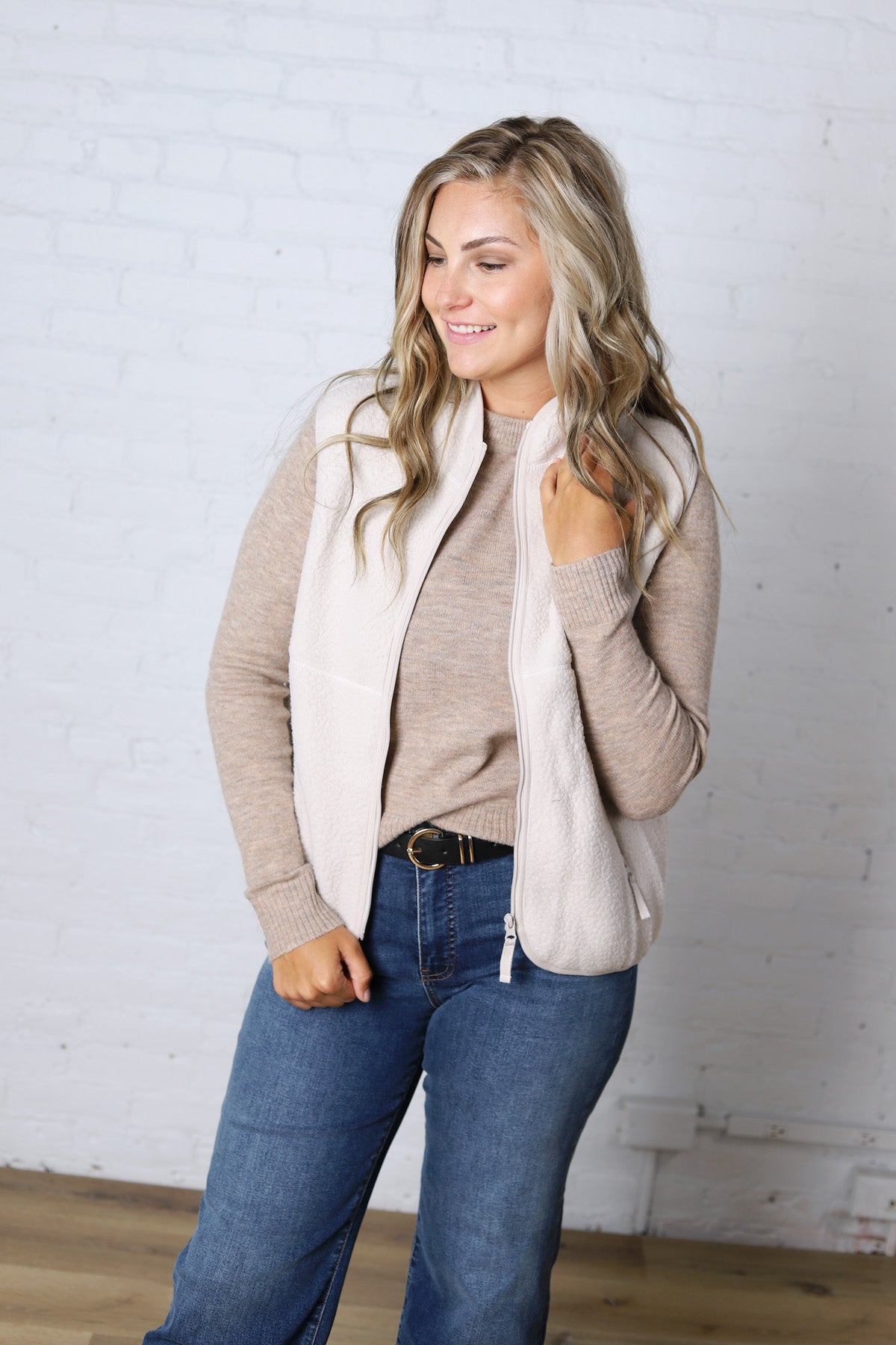 Louisa Sherpa Fleece Zipper Mock Neck Vest - Ecru