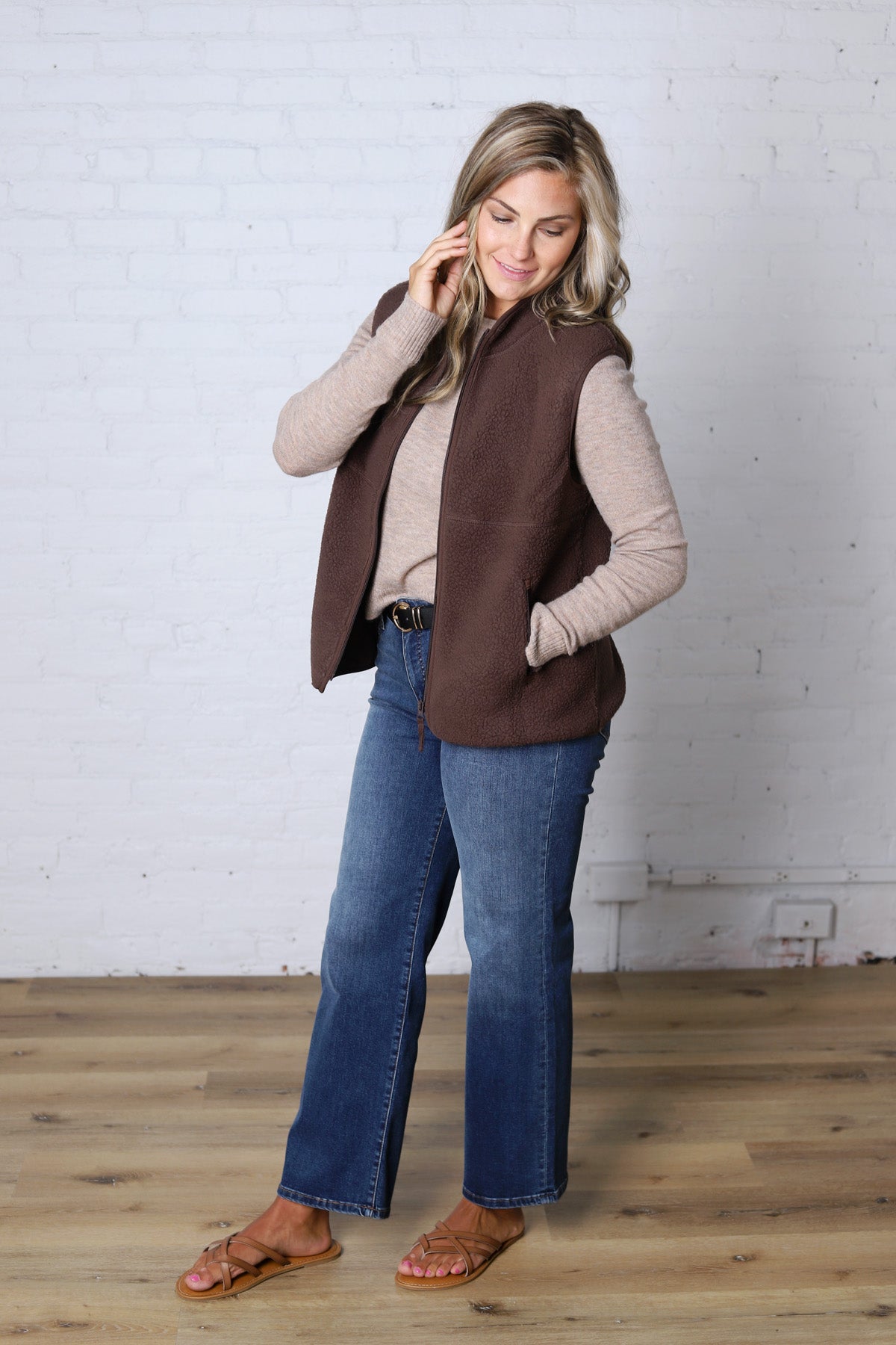 Louisa Sherpa Fleece Zipper Mock Neck Vest - Espresso