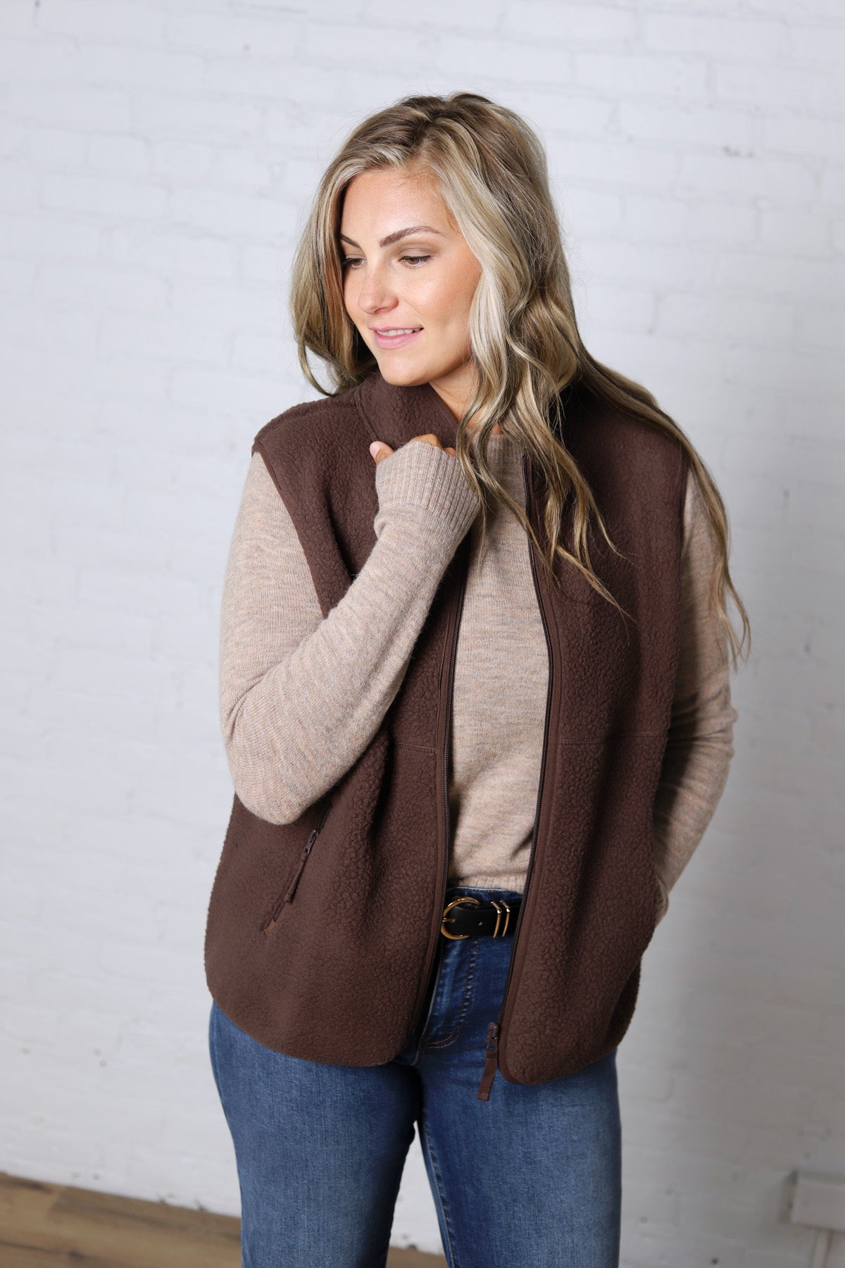 Louisa Sherpa Fleece Zipper Mock Neck Vest - Espresso