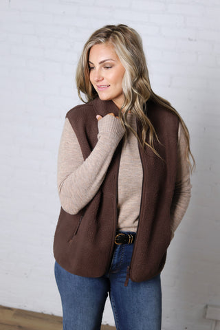 Louisa Sherpa Fleece Zipper Mock Neck Vest - Espresso
