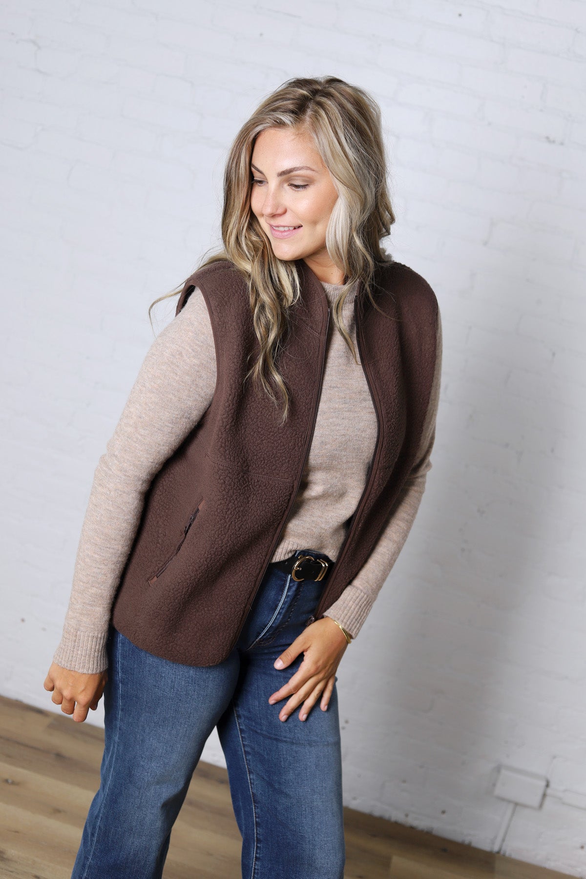 Louisa Sherpa Fleece Zipper Mock Neck Vest - Espresso