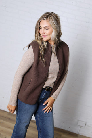 Louisa Sherpa Fleece Zipper Mock Neck Vest - Espresso