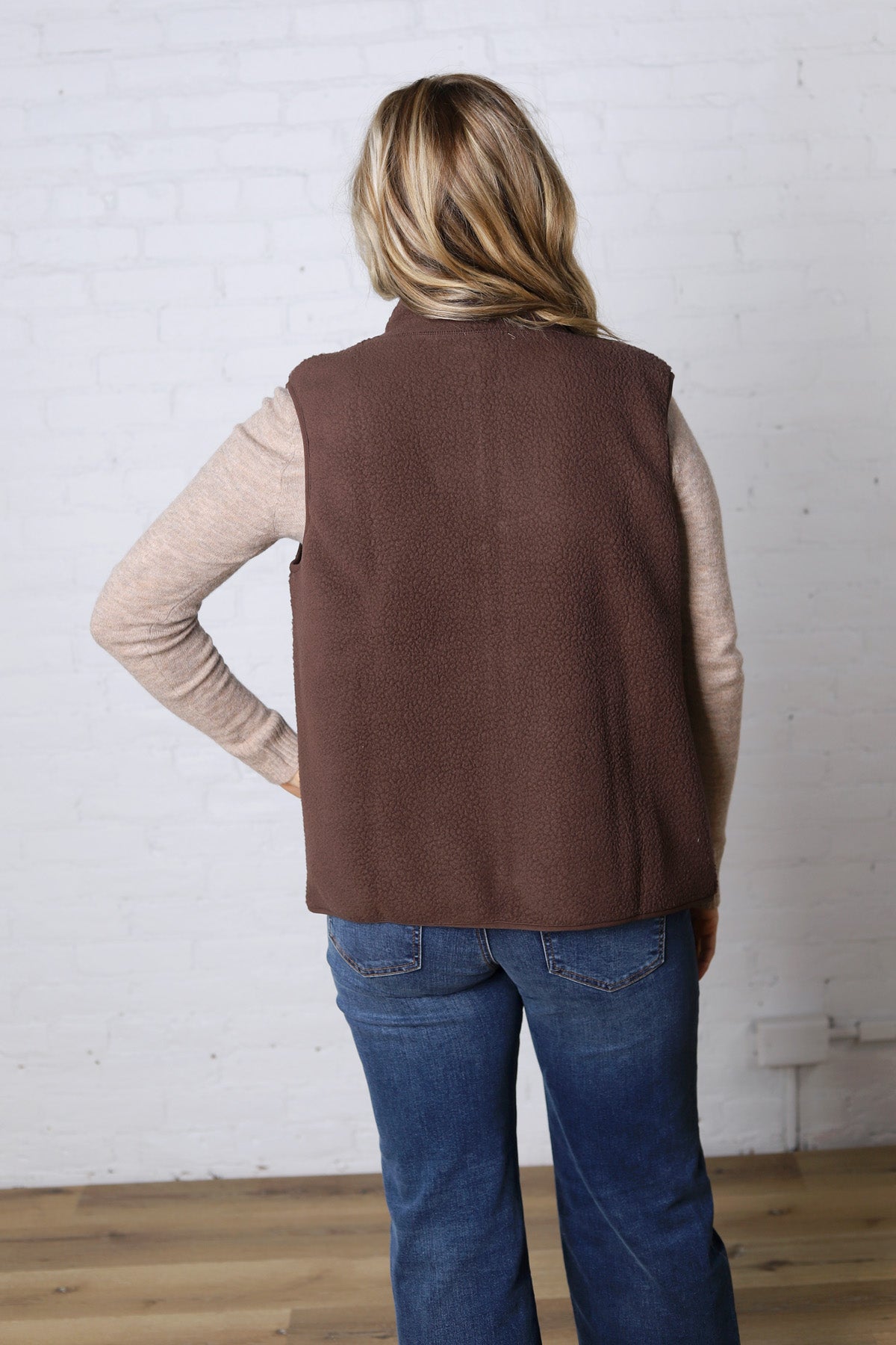 Louisa Sherpa Fleece Zipper Mock Neck Vest - Espresso