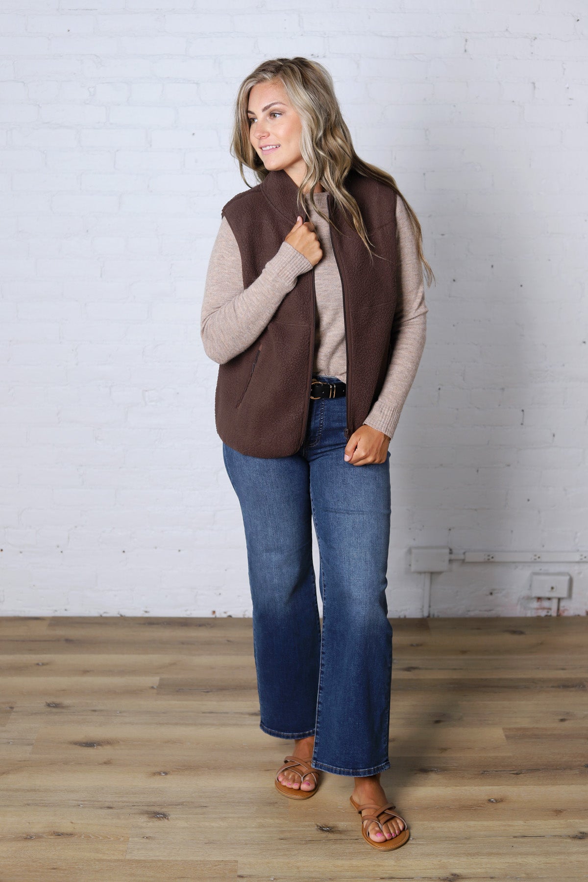 Louisa Sherpa Fleece Zipper Mock Neck Vest - Espresso