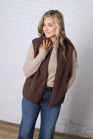 Louisa Sherpa Fleece Zipper Mock Neck Vest - Espresso