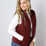 Louisa Sherpa Fleece Zipper Mock Neck Vest - Wine