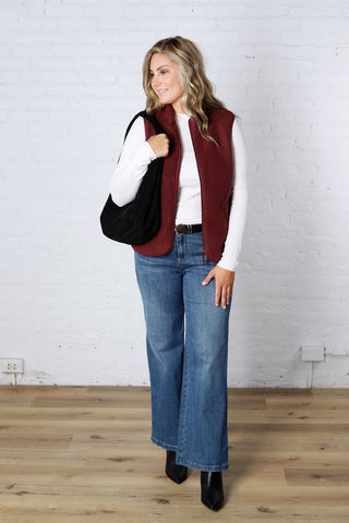 Louisa Sherpa Fleece Zipper Mock Neck Vest - Wine