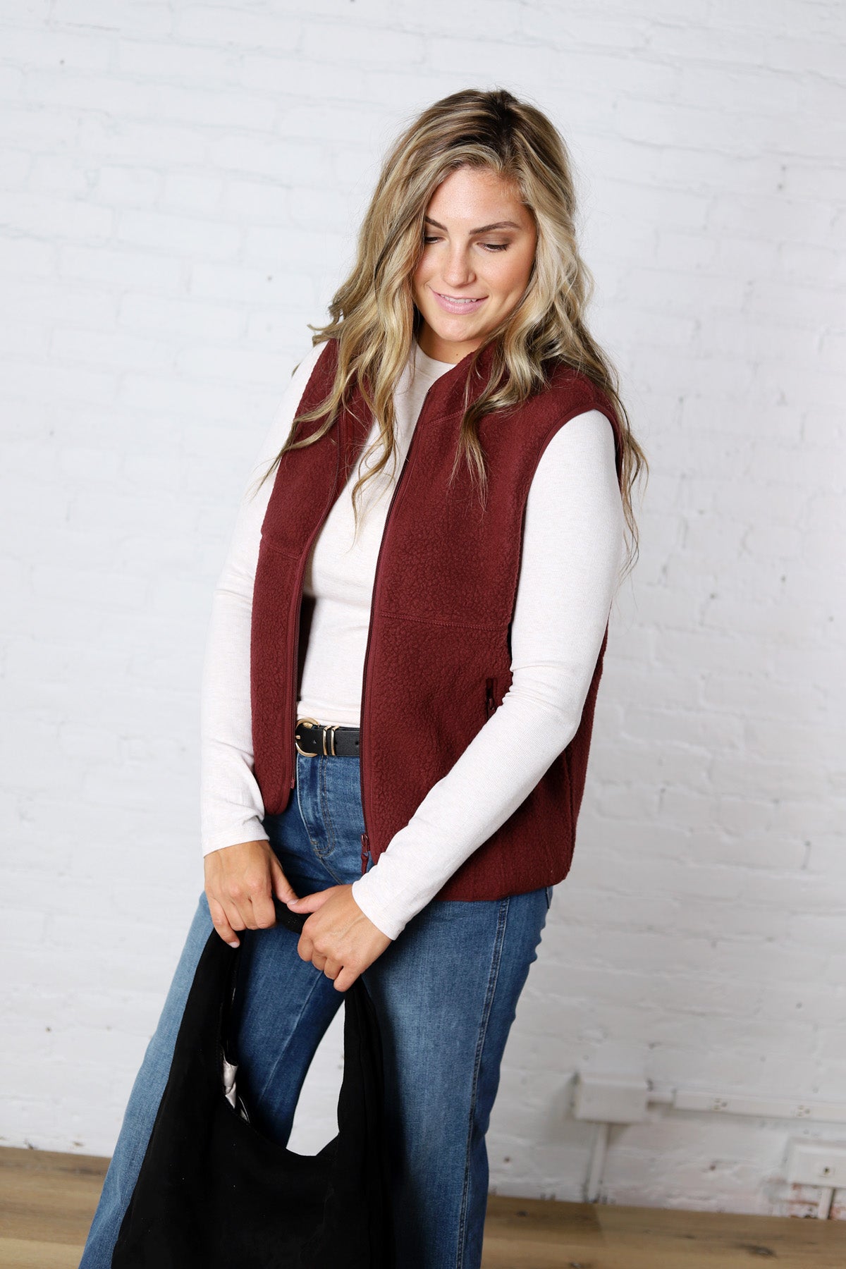 Louisa Sherpa Fleece Zipper Mock Neck Vest - Wine