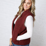 Louisa Sherpa Fleece Zipper Mock Neck Vest - Wine
