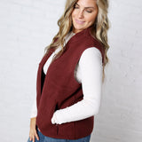 Louisa Sherpa Fleece Zipper Mock Neck Vest - Wine