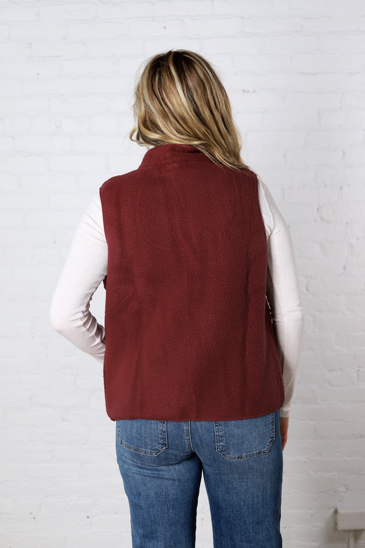 Louisa Sherpa Fleece Zipper Mock Neck Vest - Wine