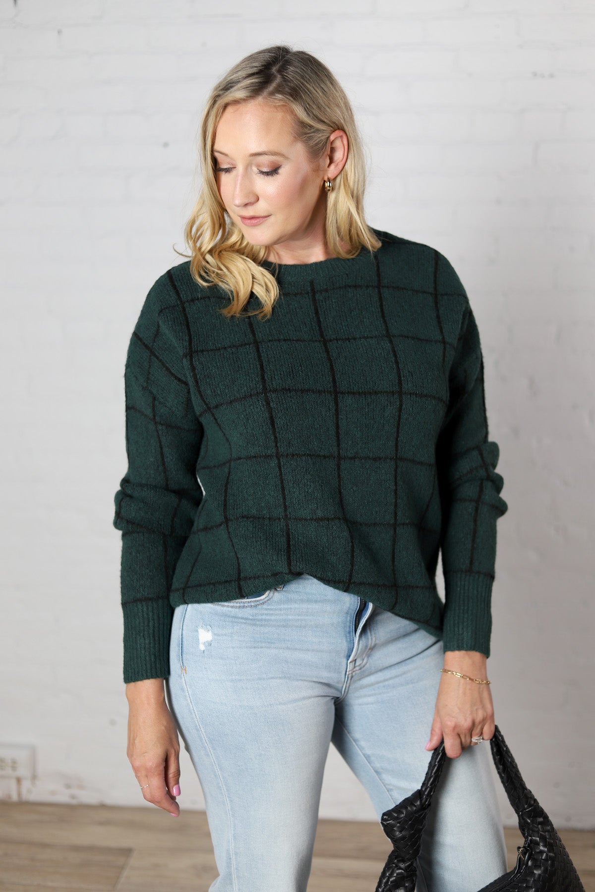 Lucinda Grid Print Pullover Sweater - Hunter Green