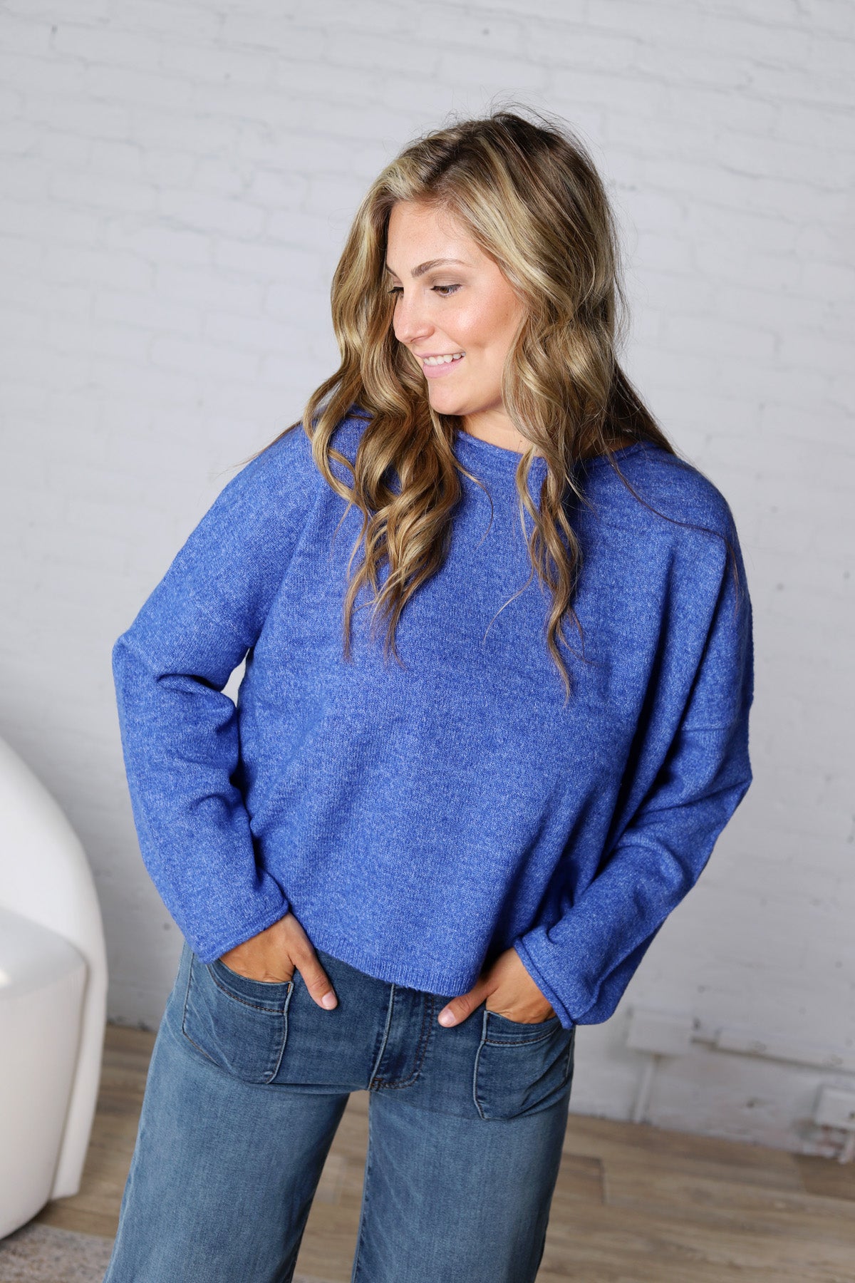 Luna Rolled Round Neck Knit Sweater - Royal Blue - FINAL SALE