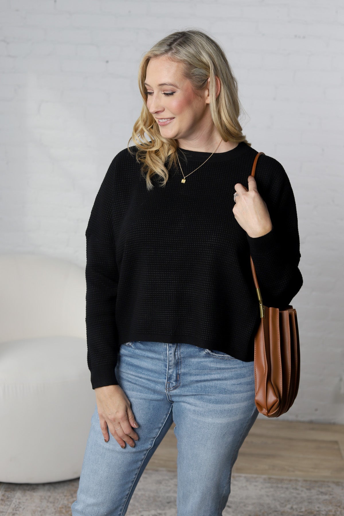 Lydian Waffle Textured Sweater - Black FINAL SALE