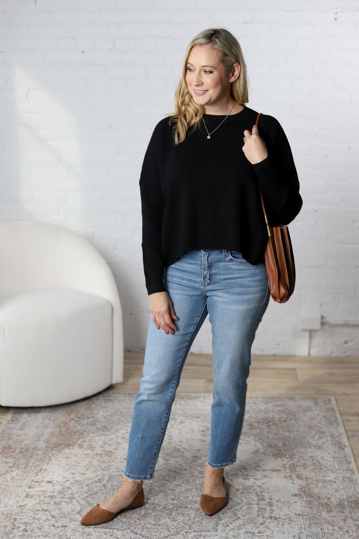 Lydian Waffle Textured Sweater - Black FINAL SALE