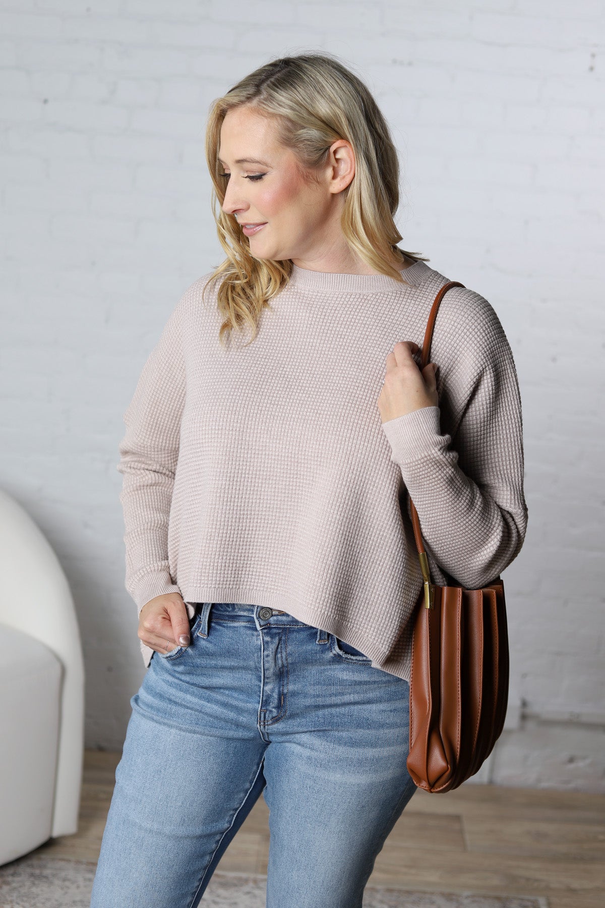 Lydian Waffle Textured Sweater - Stone FINAL SALE