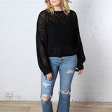 Lynne Open-Knit Pullover Sweater - Black