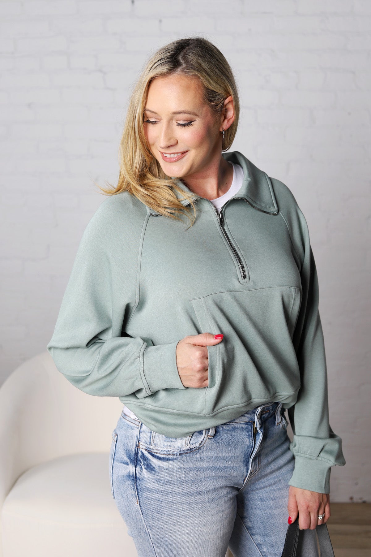 Lyra Half Zip Pocket Sweatshirt - Sage Green