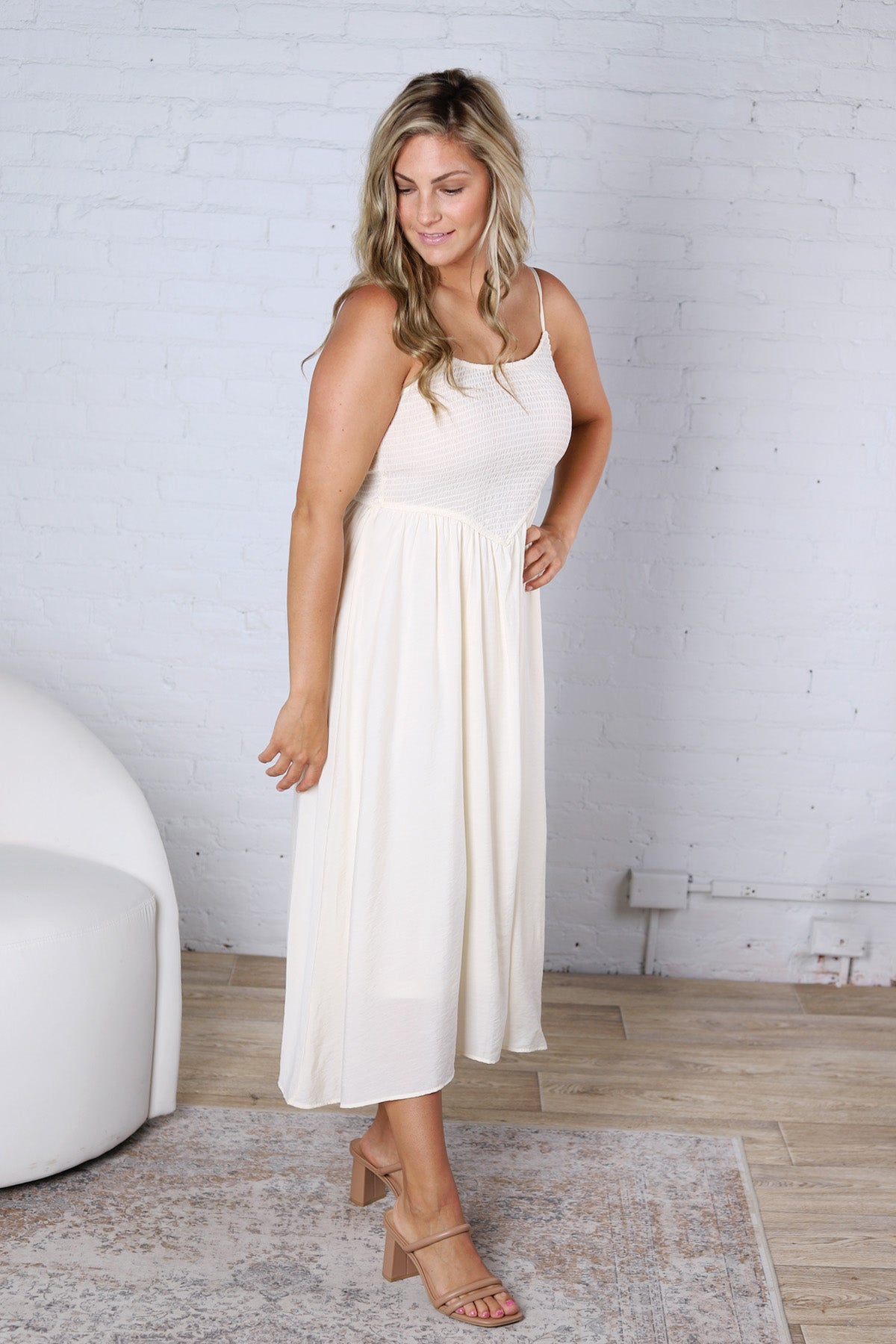 Madison Smocked Basque Waist Spaghetti Strap Midi Dress - Natural FINAL SALE
