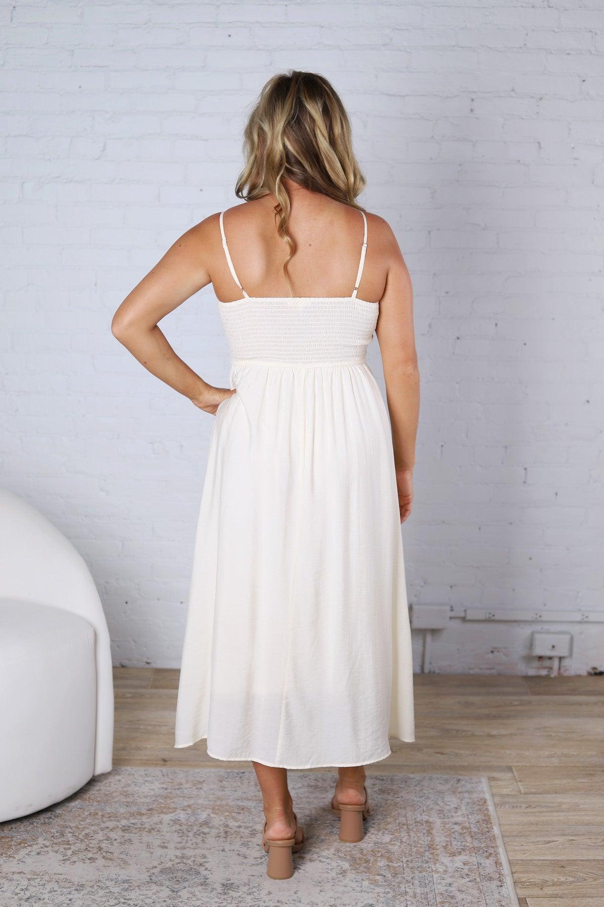 Madison Smocked Basque Waist Spaghetti Strap Midi Dress - Natural FINAL SALE