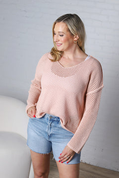 Maevie V-Neck Long Sleeve Fishnet Sweater - Pale Peach