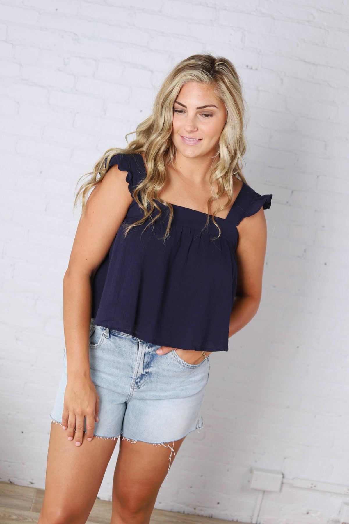 Maisy Ruffle Floral Print Tank Top - Navy FINAL SALE