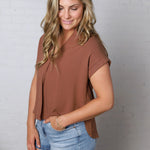 Mandi Collared Split Neck Cuff Sleeve U Hem Linen Top - Almond FINAL SALE